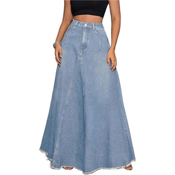 Women's Retro Distressed High Waist Frayed Hem A Line Skirt Light Blue - Picture 1 of 6
